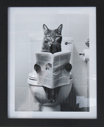 Cat on Toilet Poster 11x14" - Black and White Design with Glass Top Frame